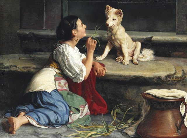 A young Italian woman playing with a dog by Axel Helsted
