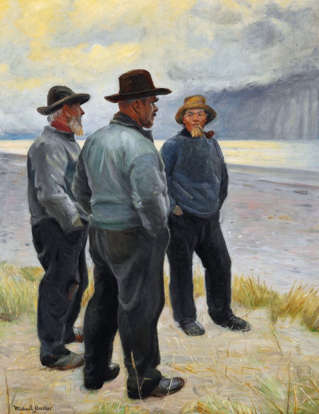 Three fishermen on the beach at Skagen. by Michael Ancher