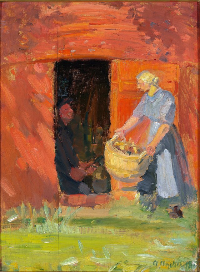 Young woman carrying the washing at a red house in Skagen. by Anna Ancher