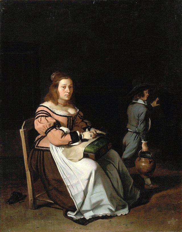 A lady sewing in an interior by Michiel Sweerts
