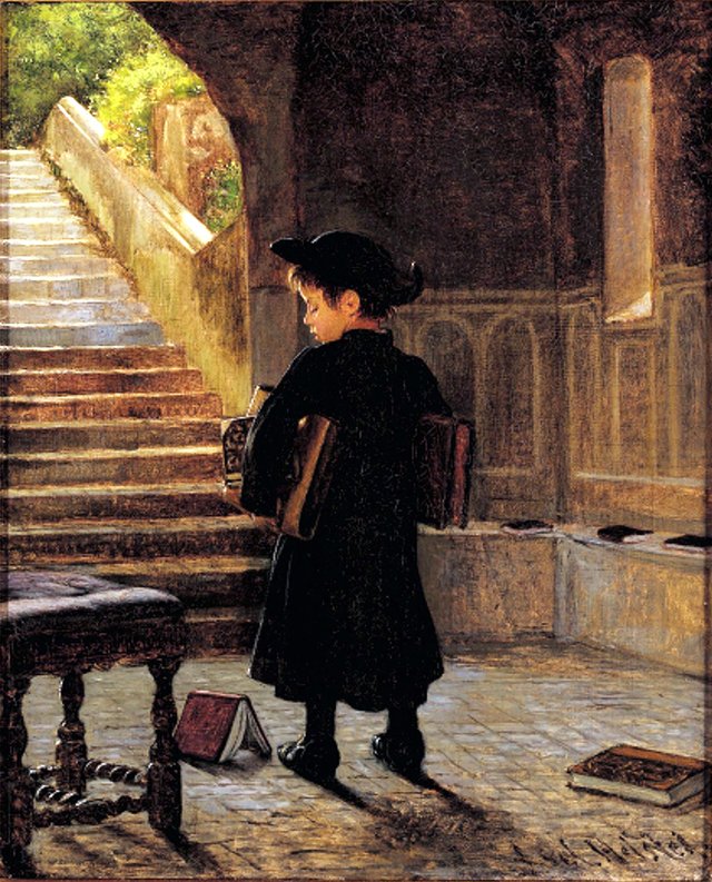 Small abbate with books under his arms. by Axel Helsted