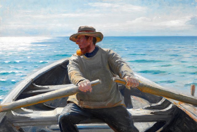 A fisherman rowing. by Michael Ancher