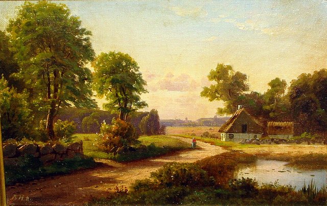 A woman walking near a village pond in summer. by Axel Helsted