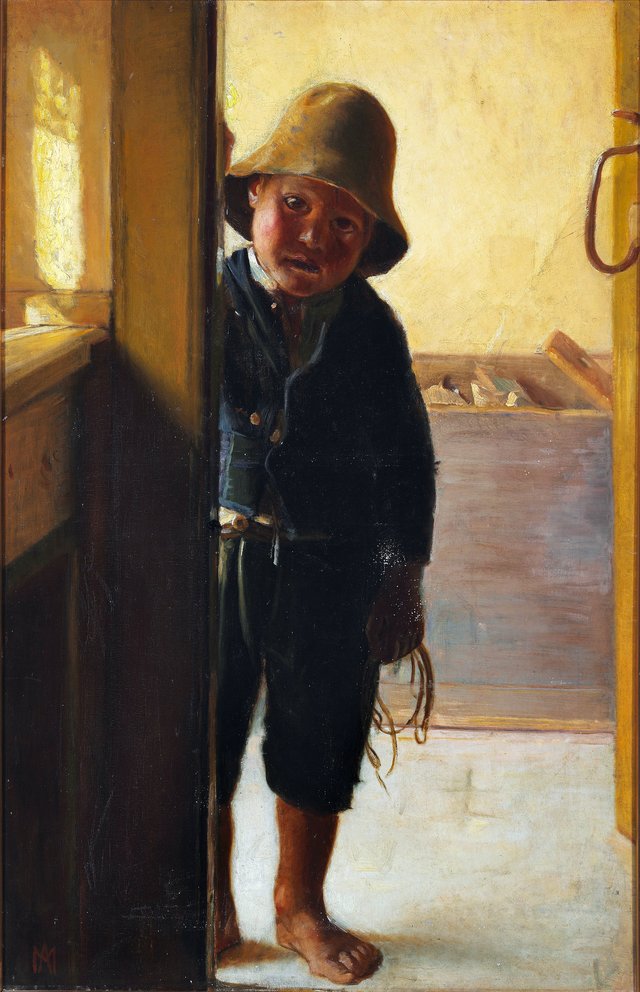A fisherman's son looking through a doorway. by Michael Ancher