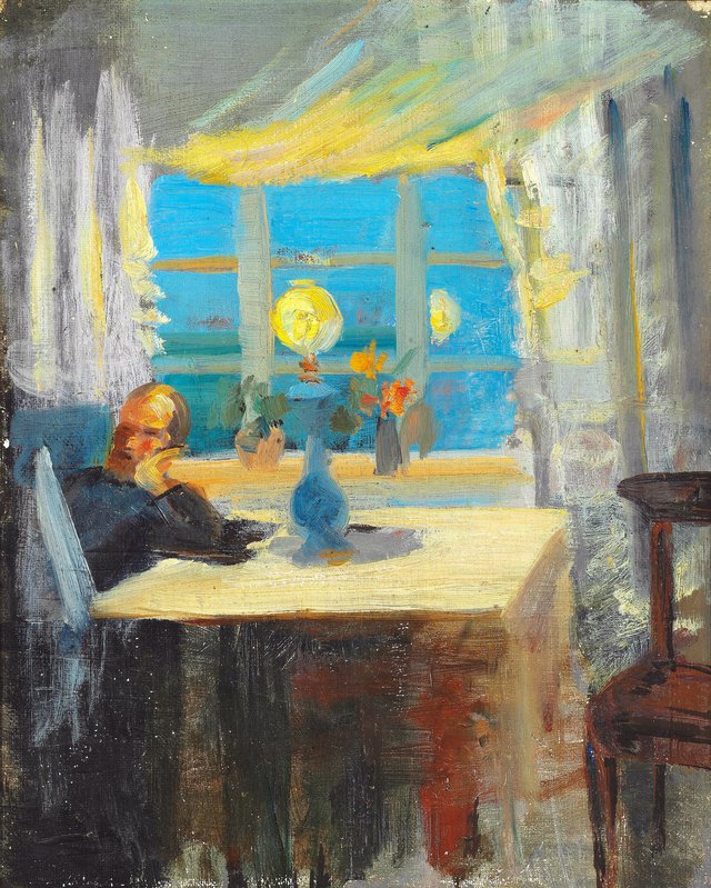 Michael Ancher reading the newspaper. by Anna Ancher