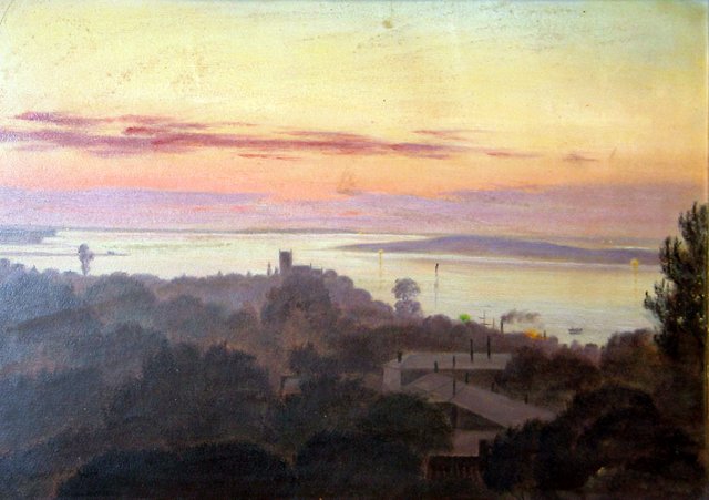 Saint John's Eve at Roskilde Fjord, seen from a window near the cathedral. by August Jerndorff