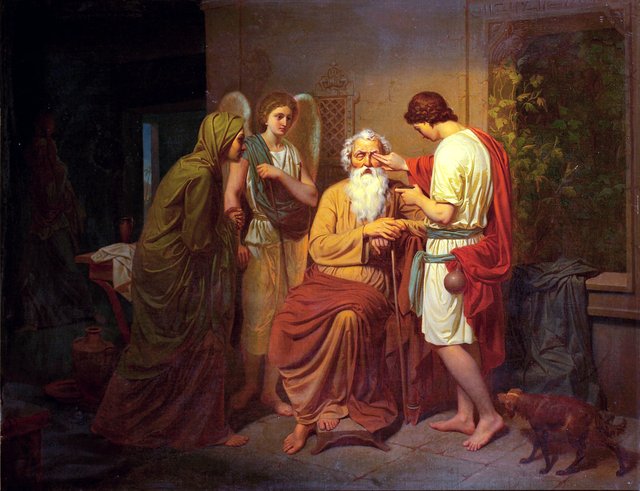 Tobias healing his blind father's eyes by August Malmström