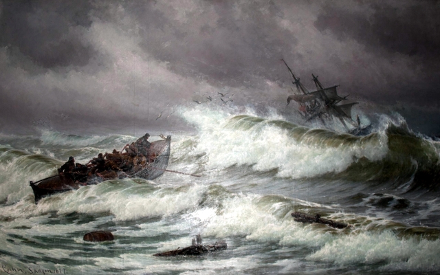 The lifeboat heading out, fierce storm. by Carl Locher