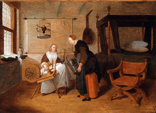 Interieur mit einer jungen Frau am Spinnrad und einer Magd, by Quirijn van Brekelenkam
