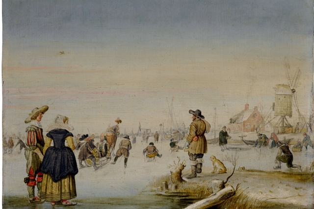 Figures skating on a frozen lake with an elegant couple in the foreground by Hendrick Avercamp
