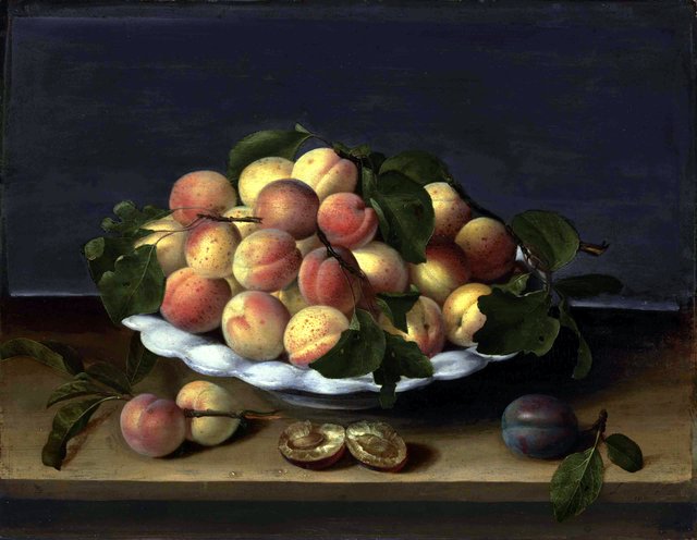 Apricots in a ceramic bowl, with plums on a stone ledge by Louise Moillon