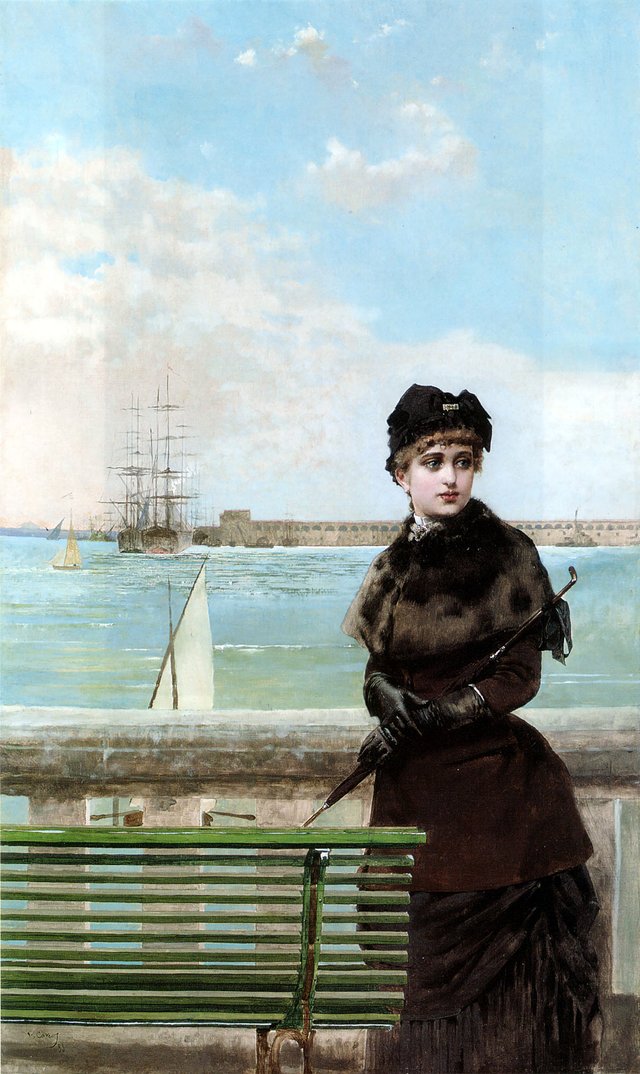 An elegant woman at St.Malo by Vittorio Matteo Corcos