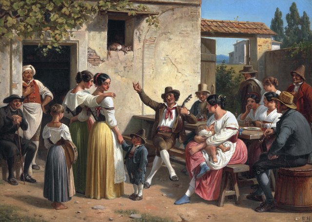 An improvisor. A fisherman from Ischia is improvising for the young girls on his lute by Wilhelm Marstrand