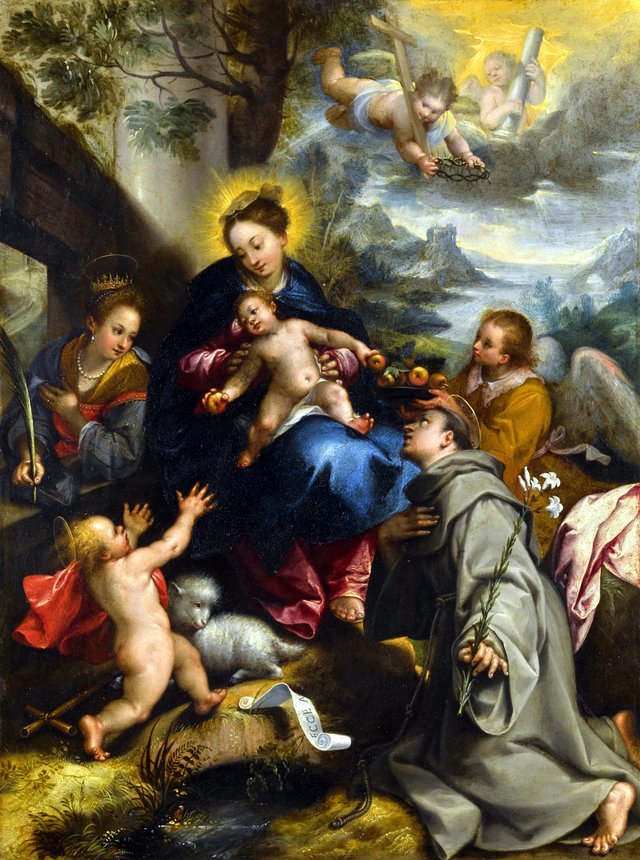 The Madonna and Child with Saints Catherine, Dominic and the Infant Saint John the Baptist, a landscape beyond by Denys Calvaert