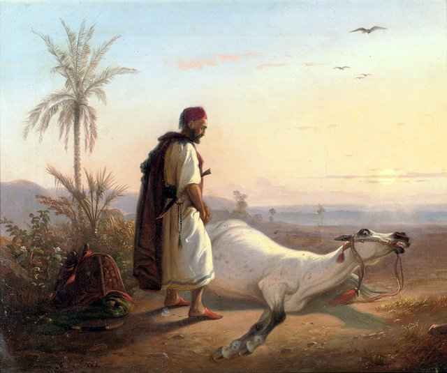 An Arabic horseman and his horse in the desert by Raden Saleh