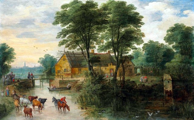 River landscape with cottages and cattle, Antwerp in the distance by Jan Brueghel the Younger