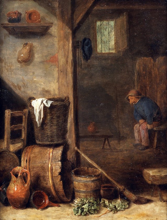 A kitchen interior with a figure seated in the adjoining room by Cornelis Saftleven