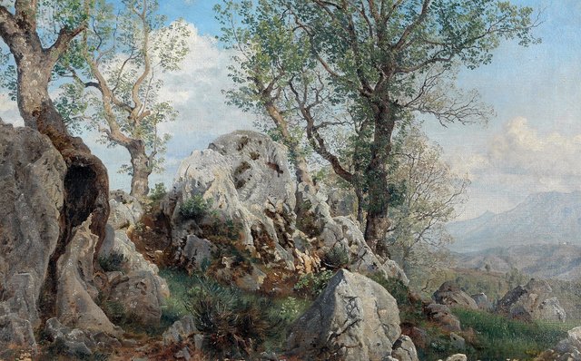 Janus la Cour, Sydlandsk parti ved et klippefremspring med bjerge i baggrunden by Janus la Cour
