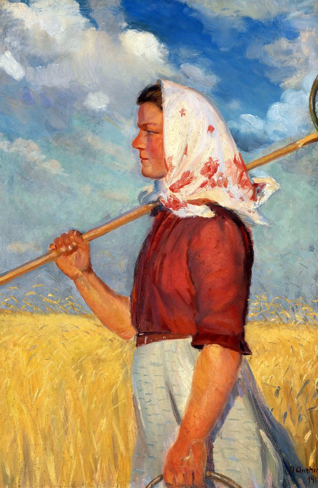 A young harvest worke in front of a cornfield by Anna Ancher