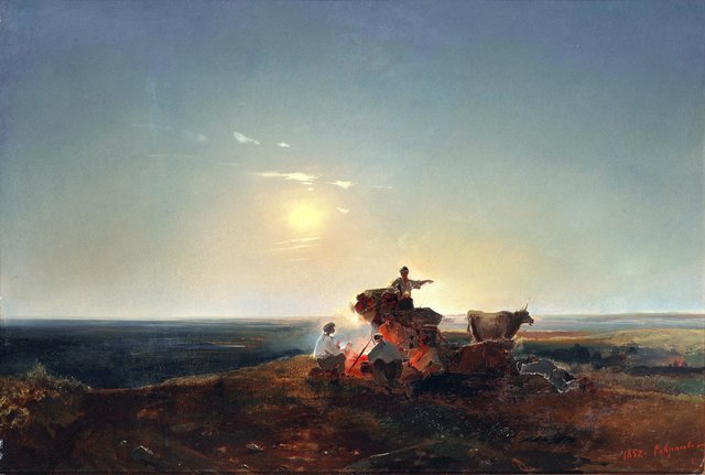Nomads around a fire on the plain in moonlight by Alexei Savrasov