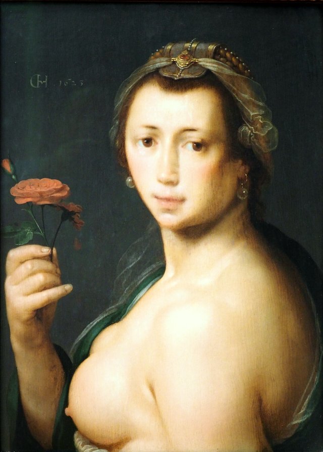 Weiblicher Halbakt mit Rose by Cornelis van Haarlem