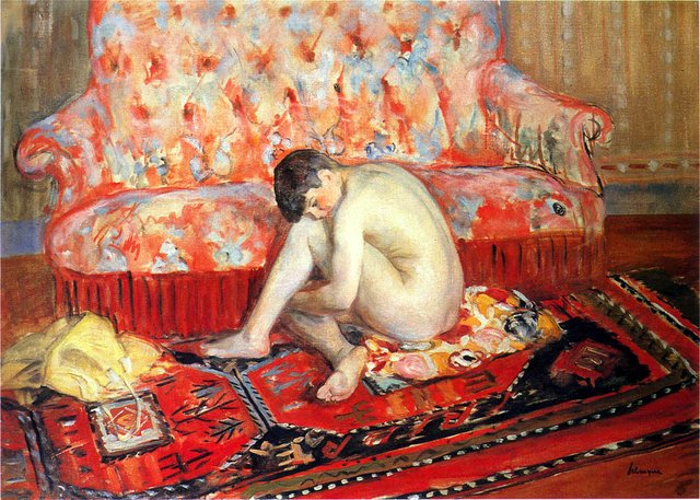 Nude by a pink sofa by Henri Lebasque
