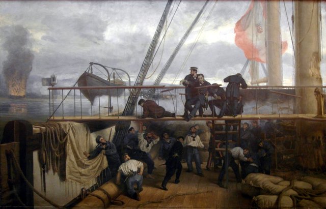 MomentoEnElQueCaeHeridoElBrigadierCastoMéndezNúñezEnElPuenteFragataNumanciaFrenteALosFuertesDeElCallao by Antonio Muñoz Degrain