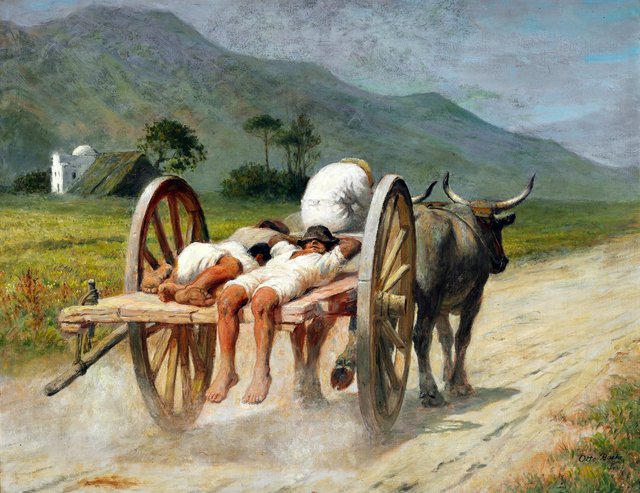 "Scirococo". Sleeping farm labourers on a cart in the midday heat by Otto Bache