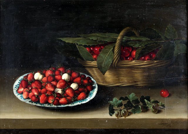 Still Life with a Bowl of Strawberries, Basket of Cherries, and Branch of Gooseberries by Louise Moillon