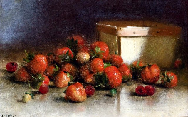 Still Life of Strawberries and Basket by Joseph Decker