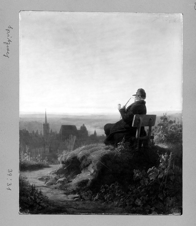 old man with pipe on a looking on a town at sunset- time ("Das Lieblingsplätzchen") by Carl Spitzweg