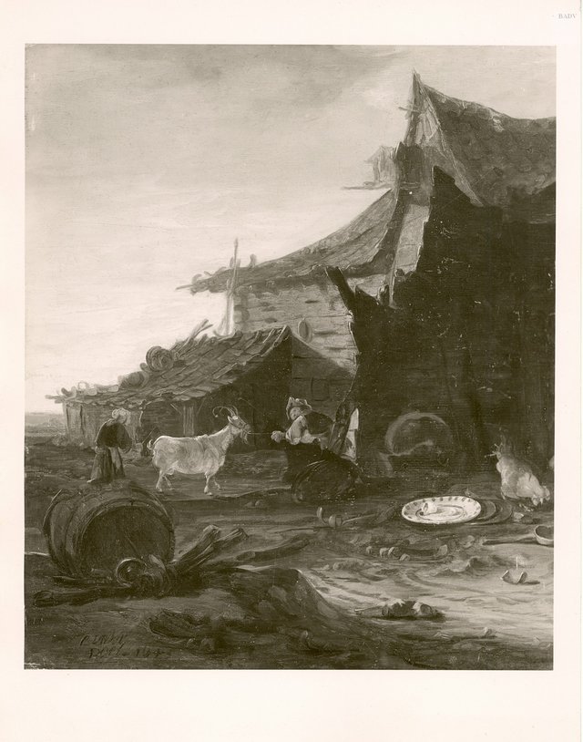 a farmer- pair in front of a cottage by Egbert van der Poel
