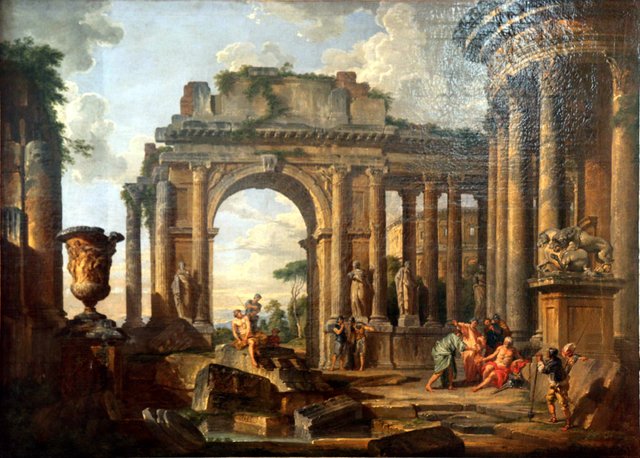 Temple ruins in Rom with soldiers by Giovanni Paolo Panini