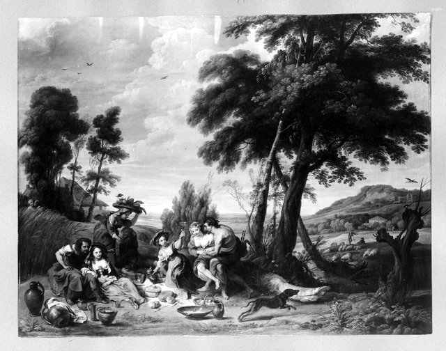 Landscape; loving couples at breakfast by Jan Wildens