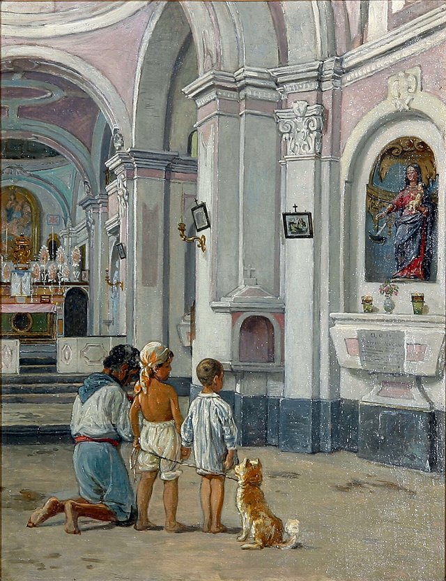 A father and two sons at a statue of Virgin Mary in the Sa. Maria del Bastimento. by Axel Helsted