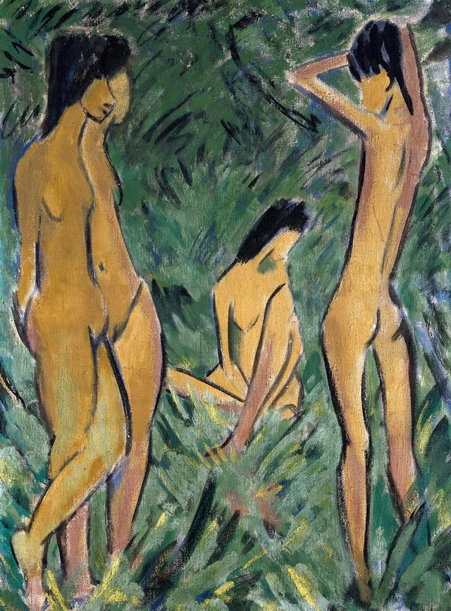 Boy in front of two standing nudes and a seated nudes by Otto Mueller