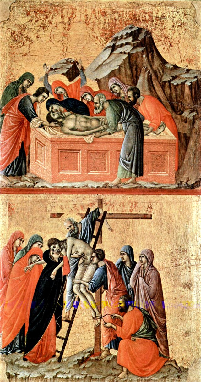 Burial of Christ (top); Descent from the Cross (bottom) by Duccio di Buoninsegna