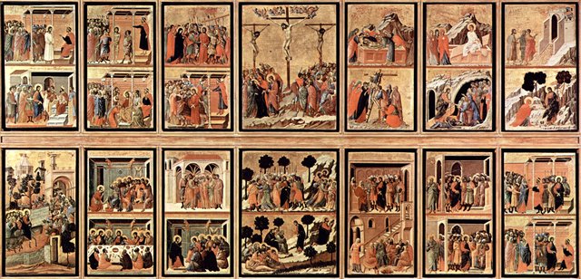 Reconfiguration of the back of the Maesta Altarpiece of Siena by Duccio di Buoninsegna