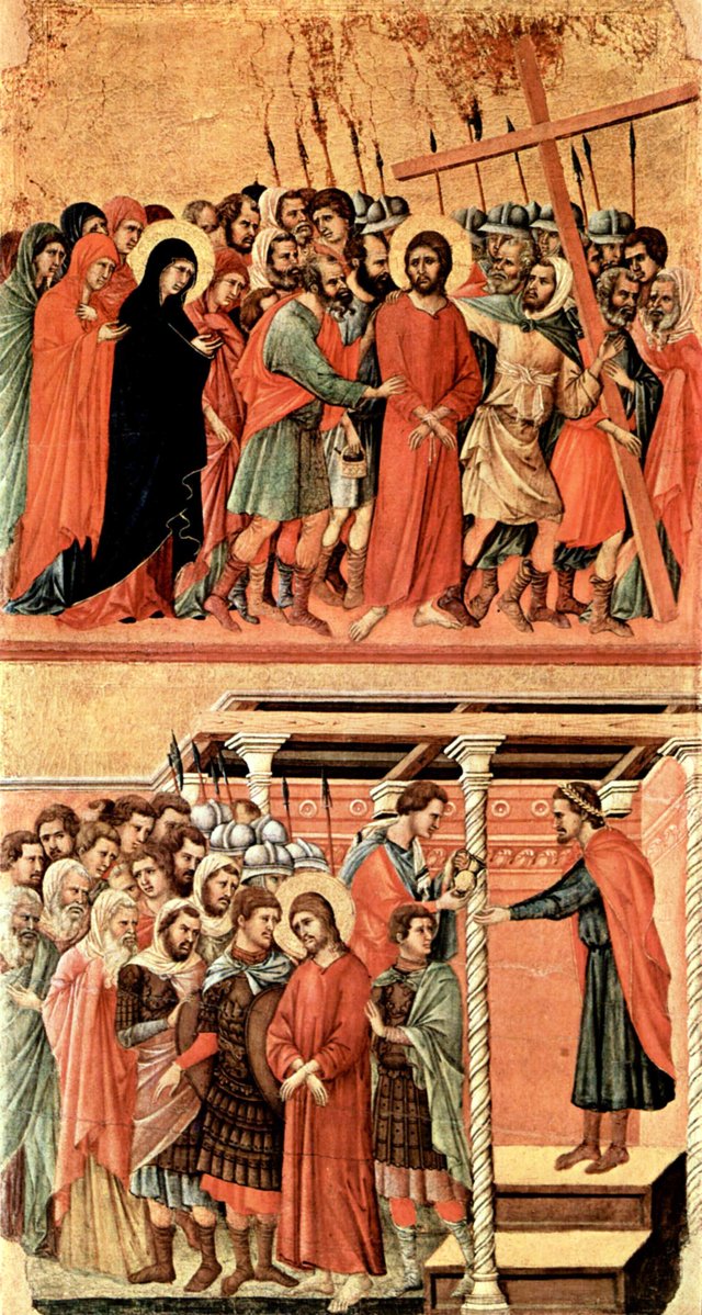 Road to Calvalry (top); Pilate Washes His Hands (bottom) by Duccio di Buoninsegna