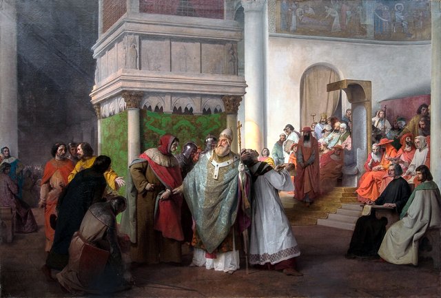 Priest Orlando of Parma sent by Arrigo IV of Germany and defended by Gregory VII against the just indignation of the Roman synod by Francesco Hayez