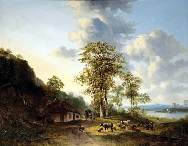 An extensive river landscape with farmers and cattle by Georgius Jacobus Johannes van Os