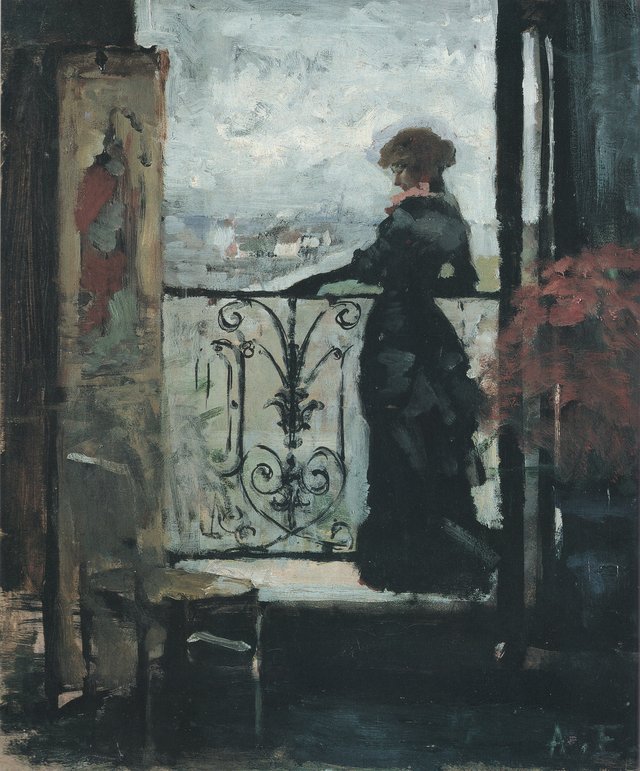 Lady standing on a balcony, sketch by Albert Edelfelt