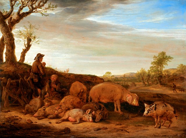 A Landscape with a Herd of Pigs, The Swineherd Conversing with Another Man by Paulus Potter