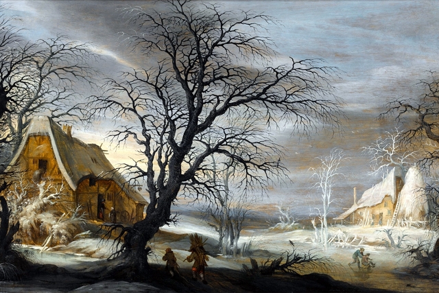 Winter landscape with figures, two peasants gathering wood and two riding a sledge by Gijsbrecht Leytens
