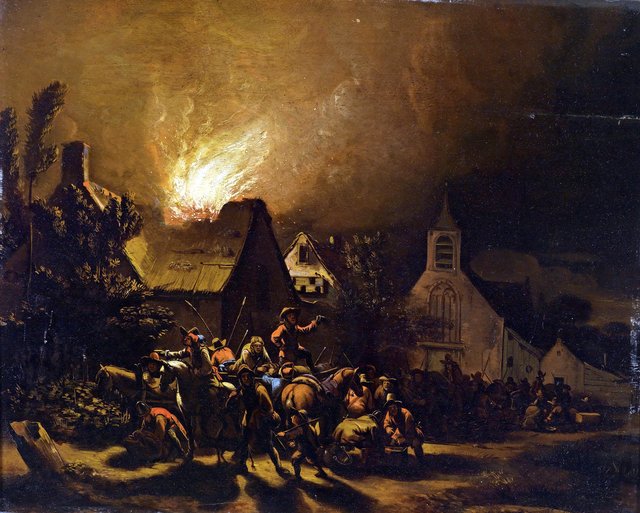 Marodeure vor einem brennenden Dorf by Egbert van der Poel