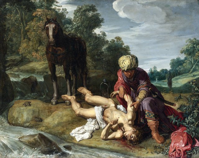 The Good Samaritan tending the wounds of the traveller by Pieter Lastman