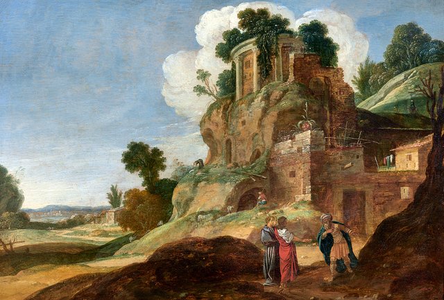 A rocky, southern landscape, with Abraham receiving the three angels (Genesis 18:2-6) by Jacob Pynas