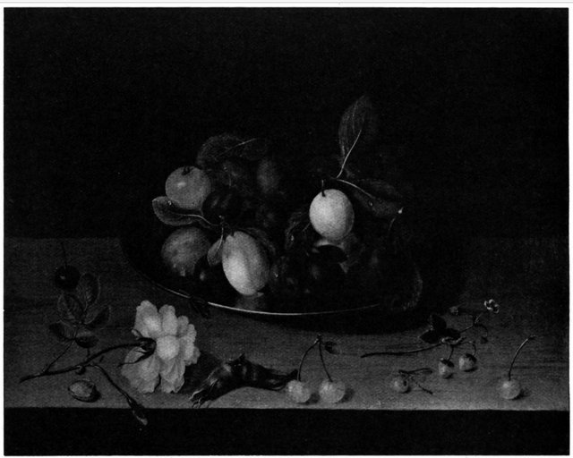 Still life of plums on a table with a rose by Jacob van Hulsdonck