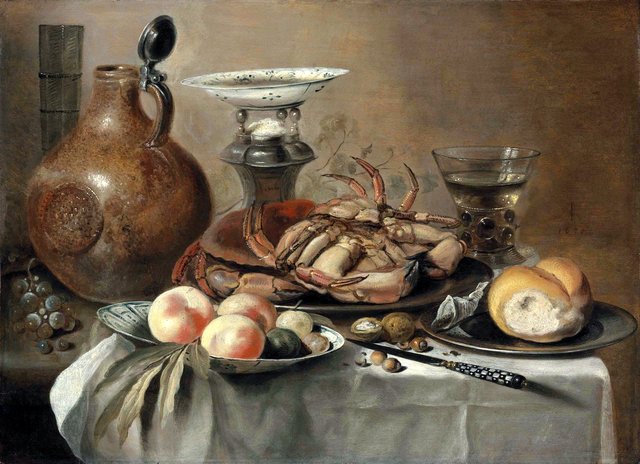 Still life with a crab, a bellarmine, salt cellar, and fruit on a porcelain plate by Pieter Claesz