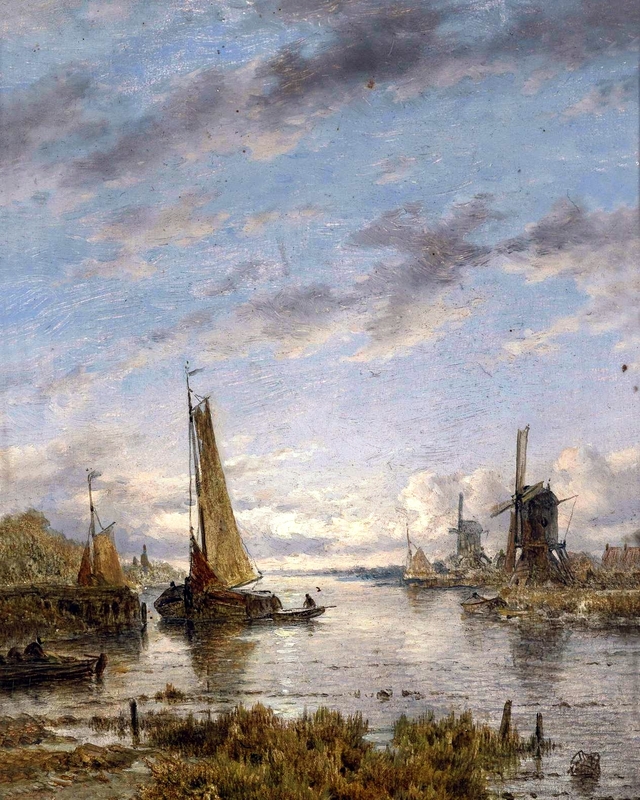 Dutch canal with sailing boats by Remigius Adrianus Haanen